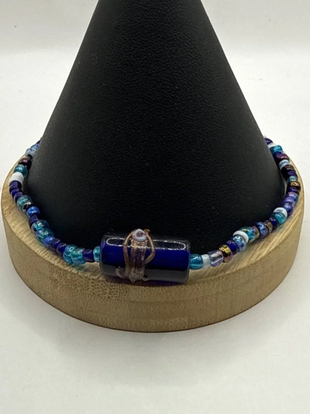 Handmade Blue Glass Seed Bead Anklet Cobalt Focal Lampwork Evil Eye Boho